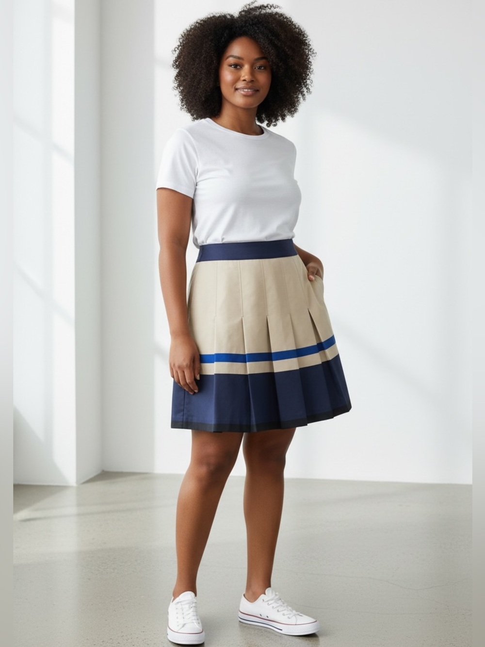 Ann Taylor Beige A-Line Pleated Skirt with Navy and Blue Stripes - Picture 2 of 7